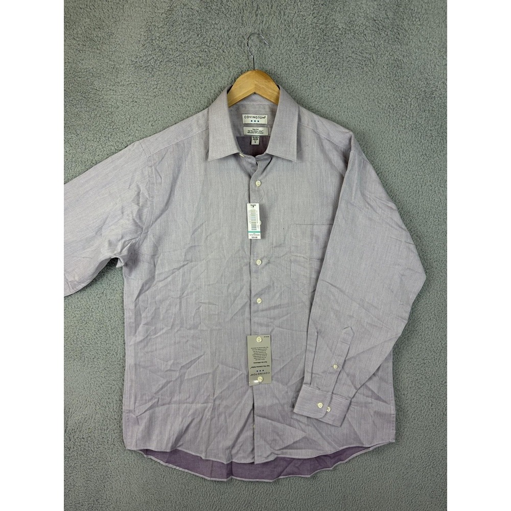 Covington Shirt Mens 16-16.5 32/33 Purple Herringbone Easy Care Long Sleeve New